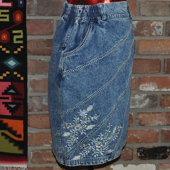 Vtg 80s Jazzino Acid Wash Denim Jean Silver Stud Embroidered Rhinestone Skirt M - Picture 2 of 4